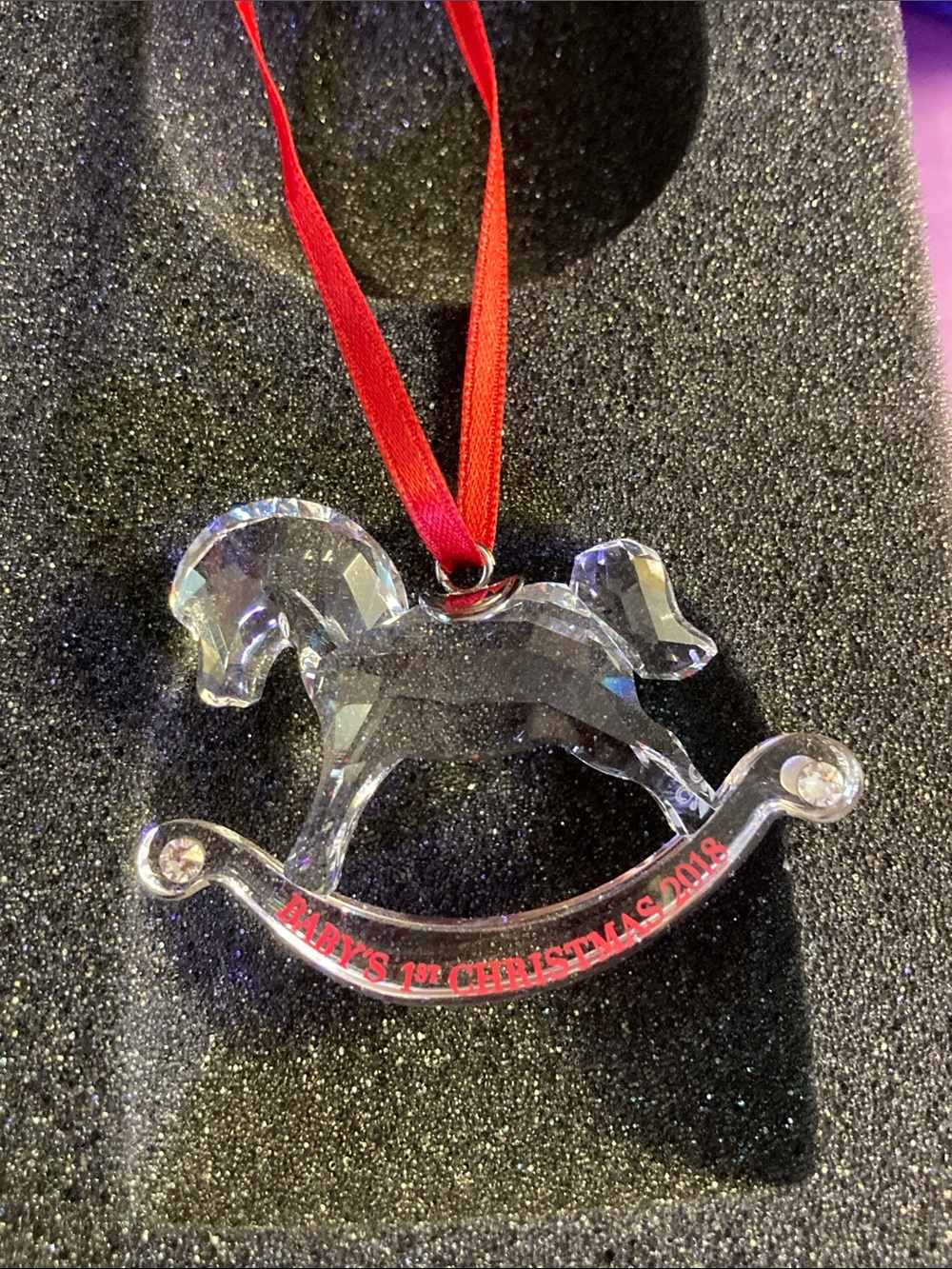Swarovski Clear Crystal Rocking Horse Ornament with Red Ribbon